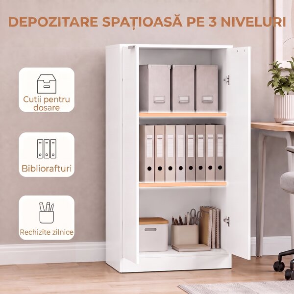 HOMCOM Dulap de Birou cu 3 Rafturi și Uși, 60x33,5x108 cm, Alb | Aosom Romania
