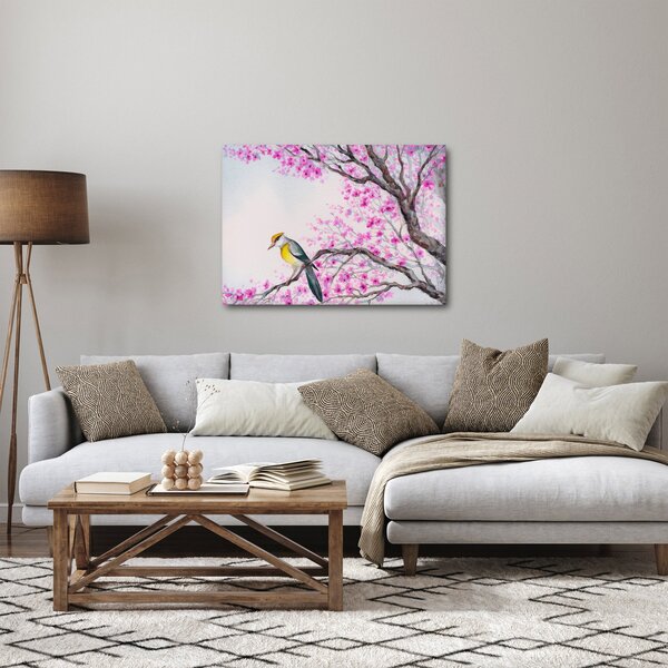 Tablou - Pasăre pe un copac cu flori roz (70x50 cm)