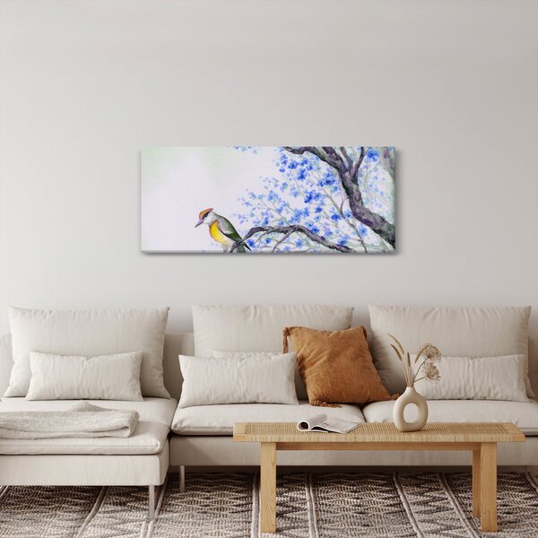 Tablou - Pasăre pe un copac cu flori albastre (120x50 cm)
