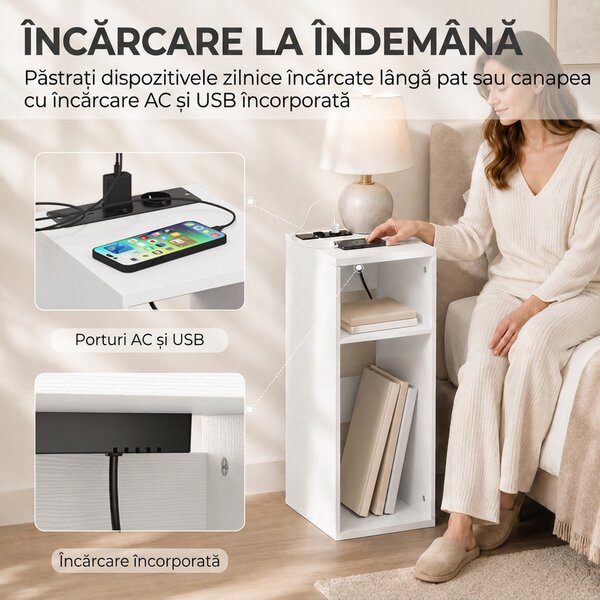 HOMCOM Set de 2 Măsuțe de Cafea Moderne cu 2 Prize AC și 2 Porturi USB, Alb | Aosom Romania