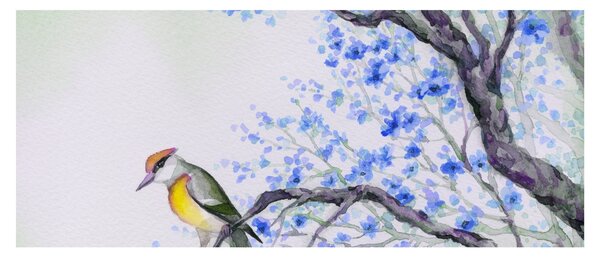 Tablou - Pasăre pe un copac cu flori albastre (120x50 cm)