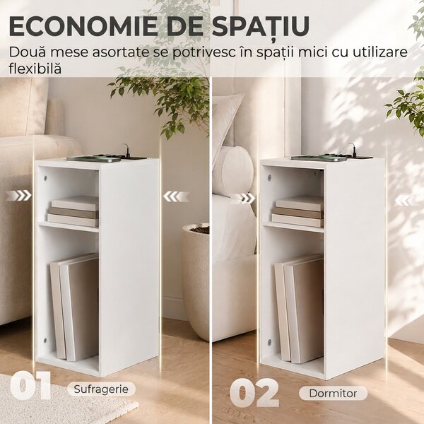 HOMCOM Set de 2 Măsuțe de Cafea Moderne cu 2 Prize AC și 2 Porturi USB, Alb | Aosom Romania