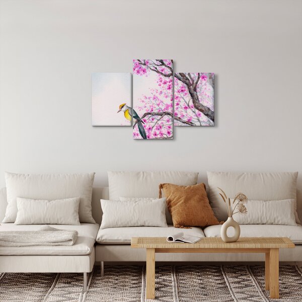Tablou - Pasăre pe un copac cu flori roz (90x60 cm)