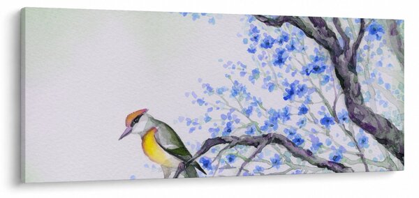 Tablou - Pasăre pe un copac cu flori albastre (120x50 cm)