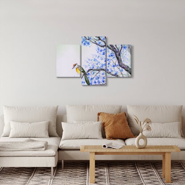 Tablou - Pasăre pe un copac cu flori albastre (90x60 cm)