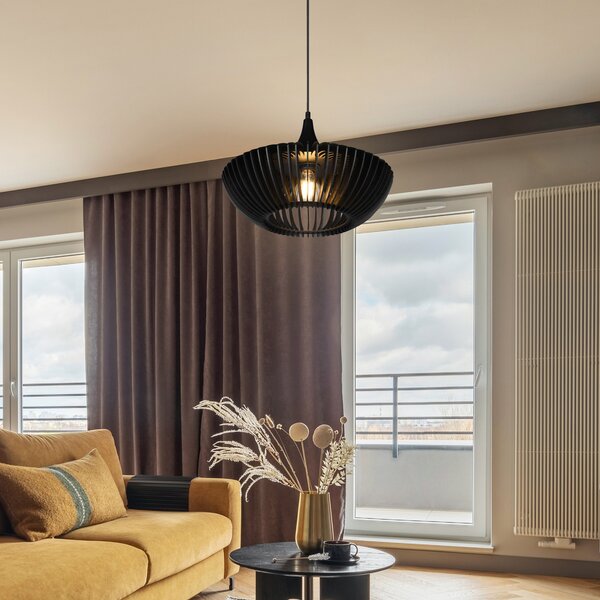 Trio Lighting Lampă suspendată Colino din lamele de lemn, negru, reglabil, Negru, Camera de zi / sufragerie, Lemn