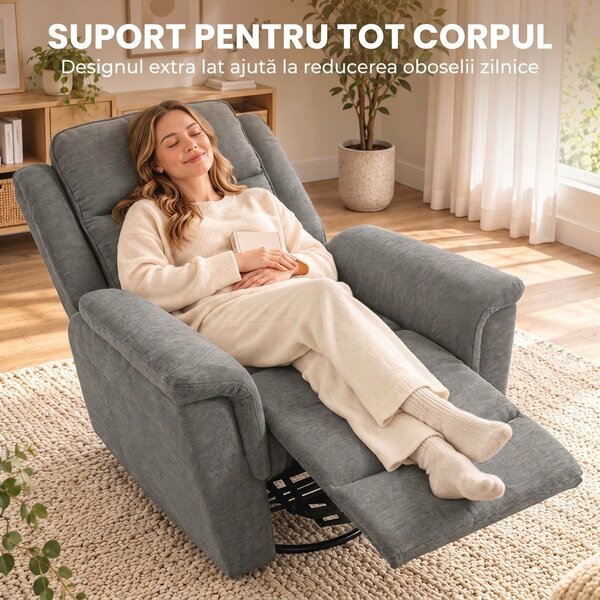 HOMCOM Fotoliu Reclinabil Manual 155° cu Suport pentru Picioare, Rotativ 360°, pentru Living, Gri Deschis | Aosom Romania