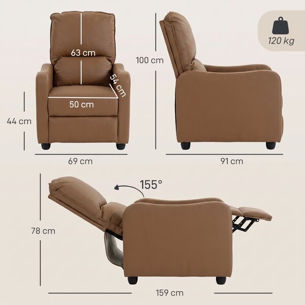 HOMCOM Fotoliu Relax Reclinabil Manual 155° cu Suport pentru Picioare, din Piele Ecologică PU, pentru Living și Dormitor, Maro închis | Aosom Romania