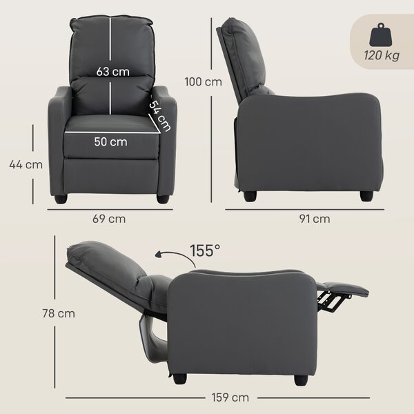 HOMCOM Fotoliu Relax Reclinabil Manual 155° cu Suport pentru Picioare, din Piele Ecologică PU, pentru Living și Dormitor, Gri Închis | Aosom Romania
