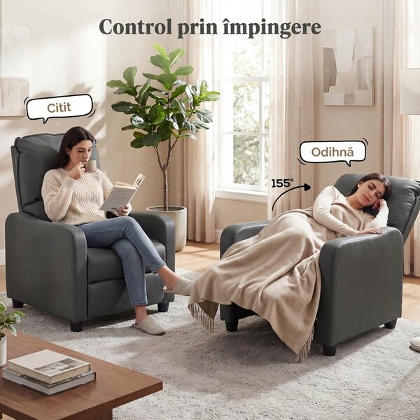 HOMCOM Fotoliu Relax Reclinabil Manual 155° cu Suport pentru Picioare, din Piele Ecologică PU, pentru Living și Dormitor, Gri Închis | Aosom Romania