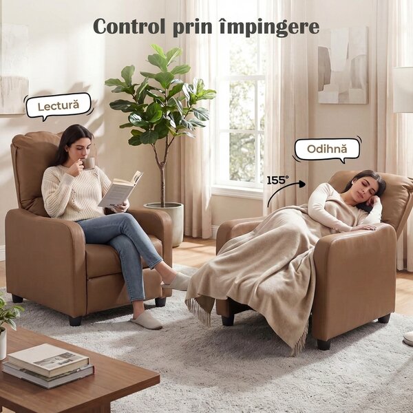 HOMCOM Fotoliu Relax Reclinabil Manual 155° cu Suport pentru Picioare, din Piele Ecologică PU, pentru Living și Dormitor, Maro închis | Aosom Romania