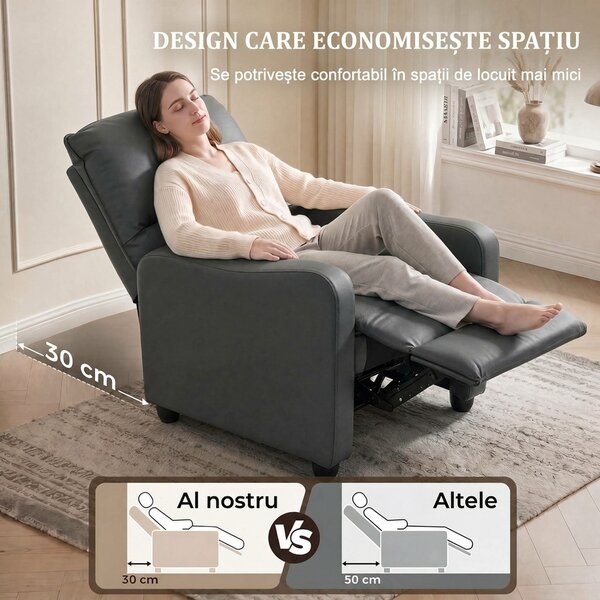 HOMCOM Fotoliu Relax Reclinabil Manual 155° cu Suport pentru Picioare, din Piele Ecologică PU, pentru Living și Dormitor, Gri Închis | Aosom Romania