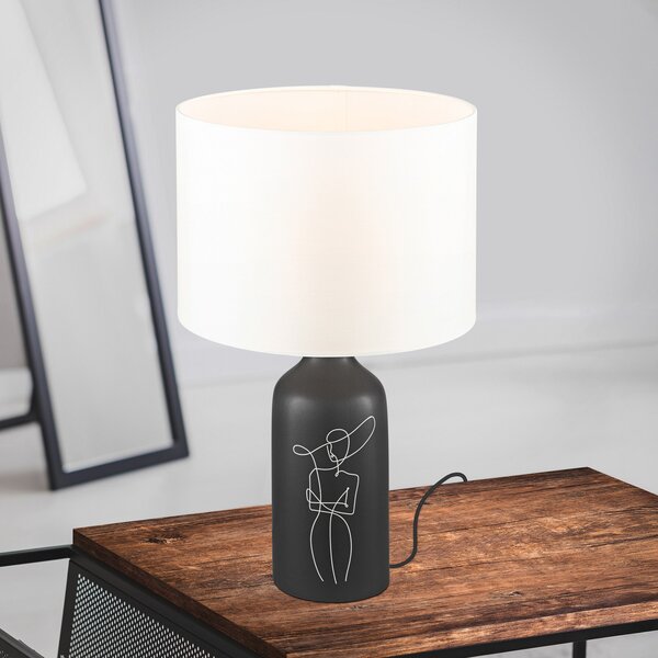 EGLO Vinoza lampă de masă, picior negru abajur alb, Negru, Camera de zi / sufragerie, Ceramică, Modern