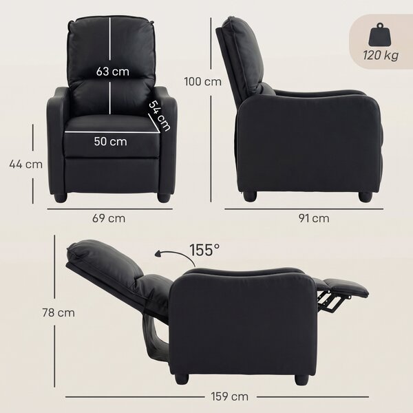 HOMCOM Fotoliu Relax Reclinabil Manual 155° cu Suport pentru Picioare, din Piele Ecologică PU, pentru Living și Dormitor, 69x91x100 cm, Negru | Aosom Romania