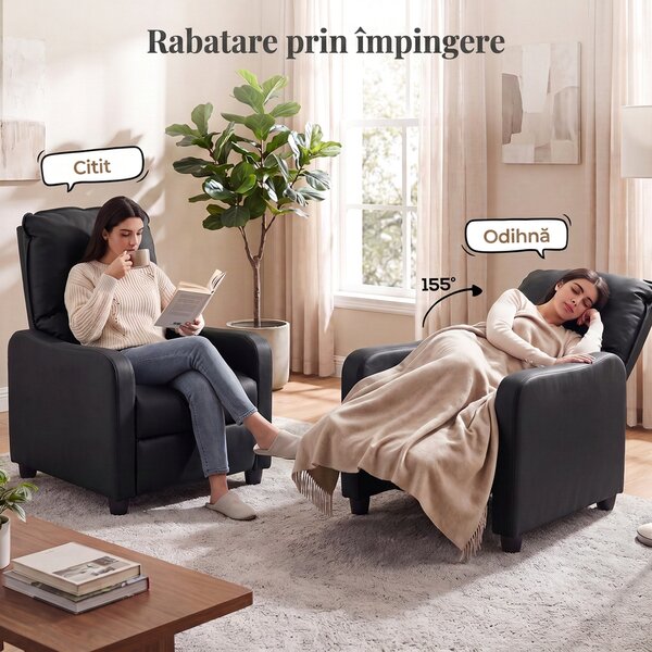 HOMCOM Fotoliu Relax Reclinabil Manual 155° cu Suport pentru Picioare, din Piele Ecologică PU, pentru Living și Dormitor, 69x91x100 cm, Negru | Aosom Romania
