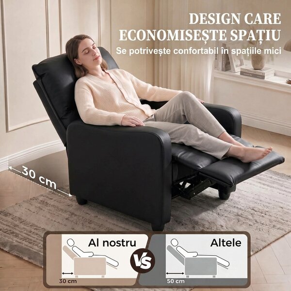 HOMCOM Fotoliu Relax Reclinabil Manual 155° cu Suport pentru Picioare, din Piele Ecologică PU, pentru Living și Dormitor, 69x91x100 cm, Negru | Aosom Romania