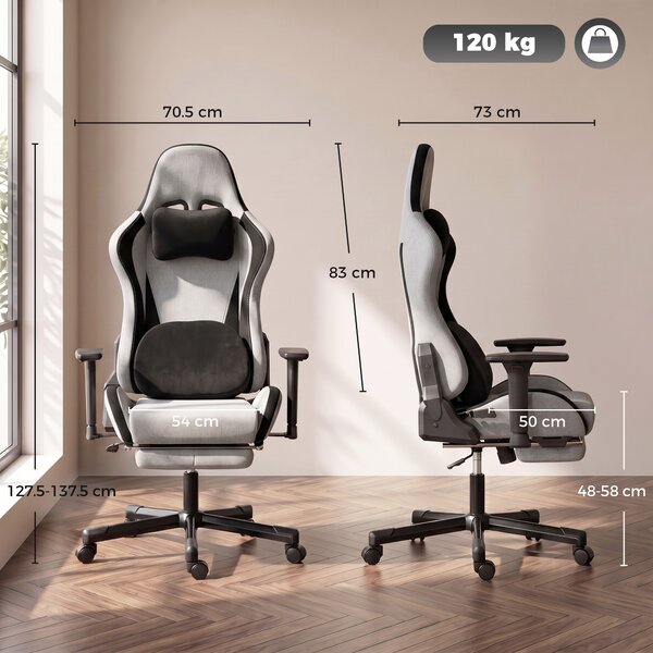 HOMCOM Scaun Gaming Ergonomic cu Masaj încălzit, Suport Picioare, Textil, Gri | Aosom Romania