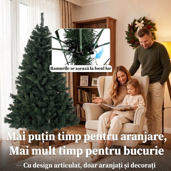 HOMCOM Brad de Crăciun Artificial, 180 cm, cu 820 de Crengi Ignifuge, Verde | Aosom Romania