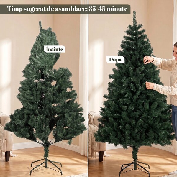 HOMCOM Brad de Crăciun Artificial, 180 cm, cu 820 de Crengi Ignifuge, Verde | Aosom Romania