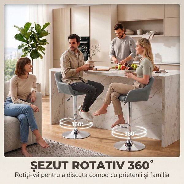 HOMCOM Set 2 Taburete Bar Rotative Catifea, Înălțime Reglabilă, Suport Picioare, Spătar, Bază Metalică, Gri | Aosom Romania