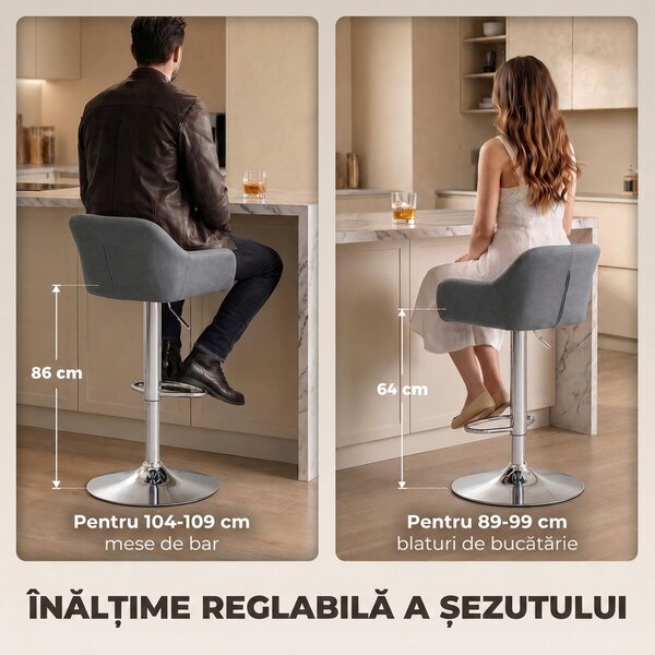 HOMCOM Set 2 Taburete Bar Rotative Catifea, Înălțime Reglabilă, Suport Picioare, Spătar, Bază Metalică, Gri | Aosom Romania