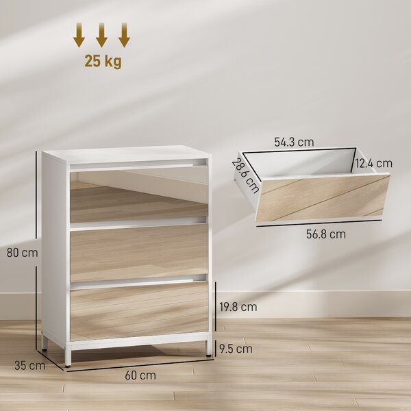 HOMCOM Comodă cu 3 Sertare și Fronturi Oglindă, Design Modern pentru Dormitor sau Hol, 60x35x80 cm, Albă | Aosom Romania