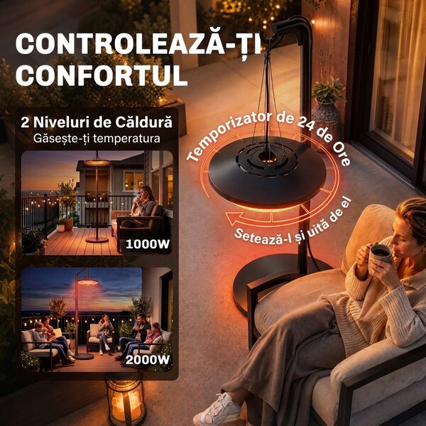 Outsunny încălzitor Electric Suspendat cu Infraroșu 1000/2000W, Negru | Aosom Romania