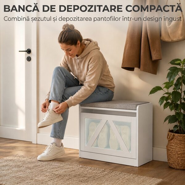 HOMCOM Bancă pantofar cu compartiment rabatabil, 60x30x52 cm, alb | Aosom Romania