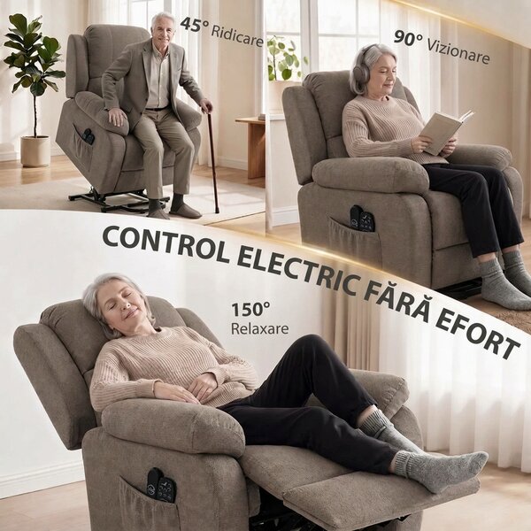 HOMCOM Fotoliu electric cu ridicare și reclinare, cu masaj și încălzire, din material cu efect de in, maro deschis | Aosom Romania
