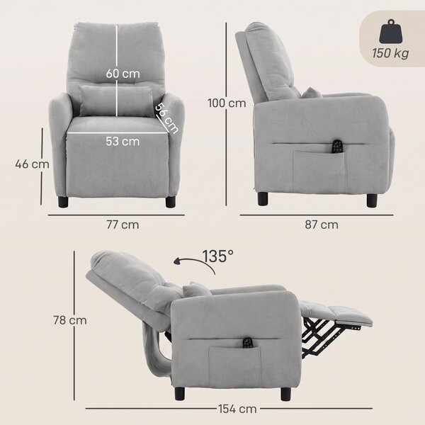 HOMCOM Fotoliu Reclinabil Manual cu Masaj și Încălzire, 135°, 8 Puncte de Masaj, Suport Picioare, Pernă Lombară, Gri | Aosom Romania