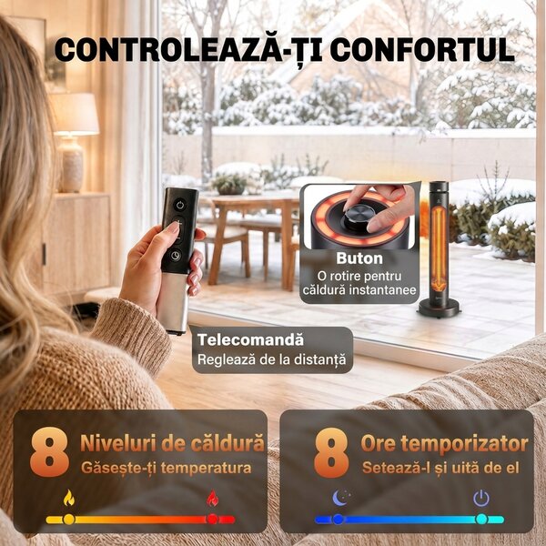 Outsunny Încălzitor Electric Oscilant cu Infraroșu, 2000 W, cu Telecomandă, Negru | Aosom Romania