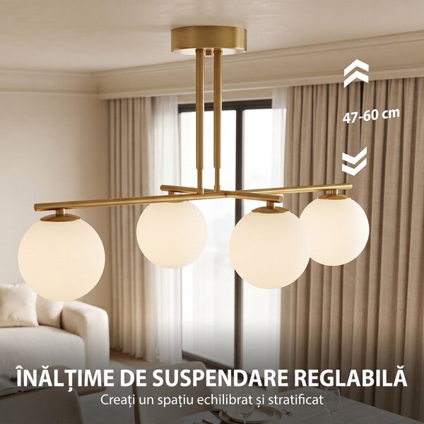HOMCOM Lampă suspendată cu 4 globuri, înălțime reglabilă, rotire 350°, modernă, din oțel, auriu | Aosom Romania