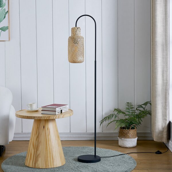 Lindby Lampă de podea Venora, 145 cm înălțime, bambus, E27, Negru, Camera de zi / sufragerie, Metal