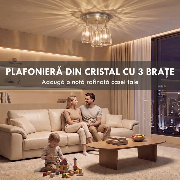 HOMCOM Plafonieră LED din Cristal cu 3 Lumini, Dulii E27, fără Becuri, pentru Living, Argintie | Aosom Romania