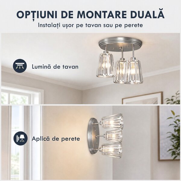 HOMCOM Plafonieră LED din Cristal cu 3 Lumini, Dulii E27, fără Becuri, pentru Living, Argintie | Aosom Romania