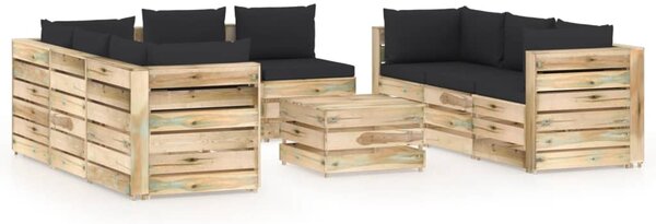 Set mobilier de grădină cu perne, 9 piese, lemn verde tratat