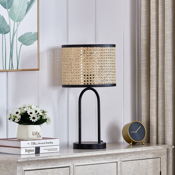 Lindby Lampă de masă Yaelle, 50 cm înălțime, rattan, negru, E27, Lemn, Camera de zi / sufragerie, Lemn, Scandinavă
