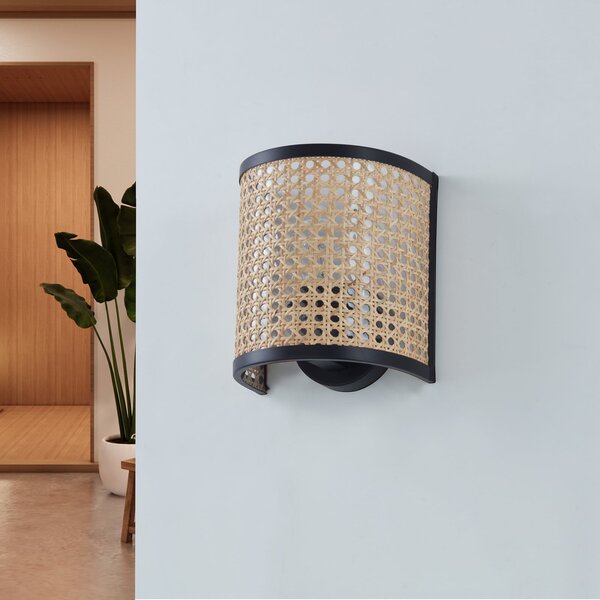 Lindby Aplică Yaelle, înălțime 20 cm, rattan, negru, E27, reglabil, Lemn, Camera de zi / sufragerie, Lemn, Scandinavă