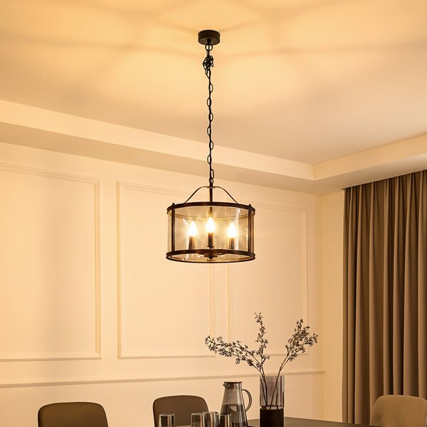 Lucande lampă suspendată Eryk, Ø 40 cm, negru, sticlă, 3 becuri, reglabil, Negru, Camera de zi / sufragerie, Metal, Design industrial