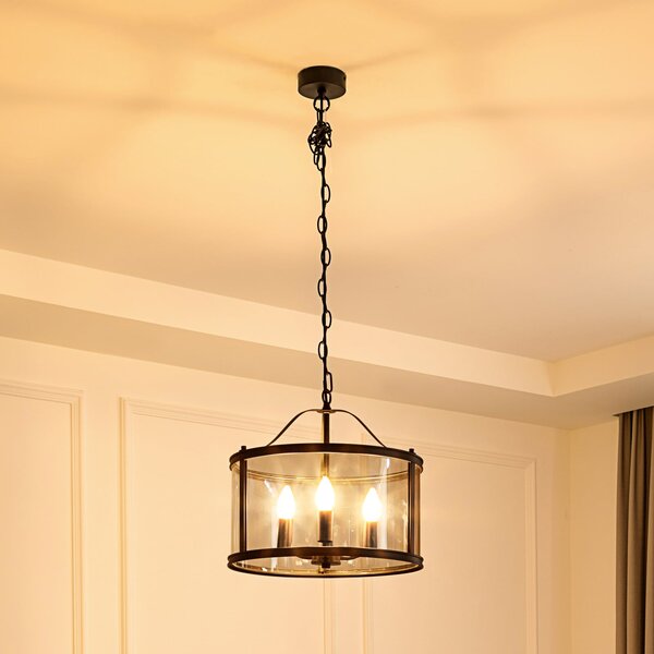 Lucande lampă suspendată Eryk, Ø 40 cm, negru, sticlă, 3 becuri, reglabil, Negru, Camera de zi / sufragerie, Metal, Design industrial