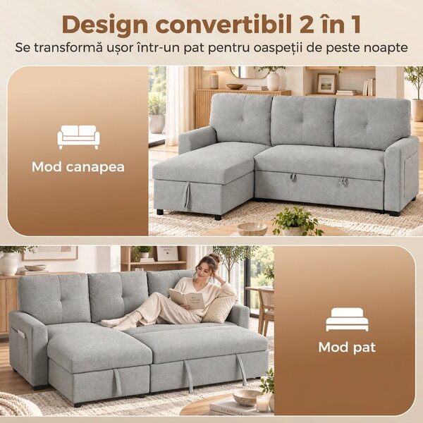 HOMCOM Canapea extensibilă 3 locuri cu șezlong convertibil, spațiu de depozitare, 3 perne, material cu efect de in, gri | Aosom Romania