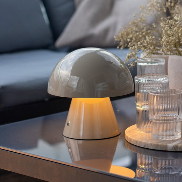 Lindby LED lampă de masă reîncărcabilă Nevijo, gri, Ø18cm, USB, dimabil, reglabil, Gri, Camera de zi / sufragerie, Metal, Viața tânără