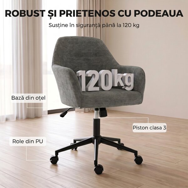 HOMCOM Scaun de Birou Rotativ din Chenille cu înălțime Reglabilă, Gri | Aosom Romania