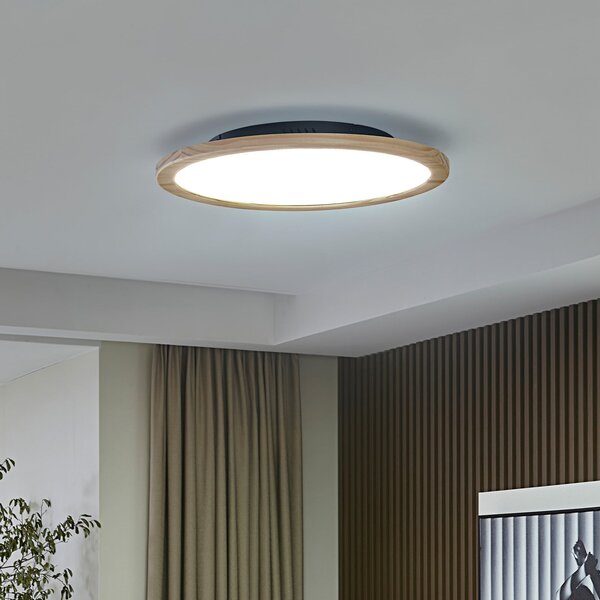 Lucande LED plafonieră Joren, Ø 48 cm, lemn, CCT, telecomandă, reglabil, Lemn, Camera de zi / sufragerie, Lemn, Casă de țară / Rustic