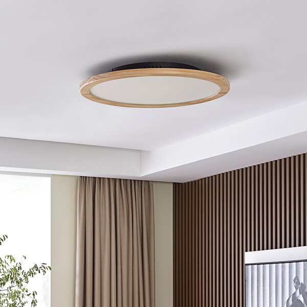 Lucande LED plafonieră Joren, Ø 48 cm, lemn, CCT, telecomandă, reglabil, Lemn, Camera de zi / sufragerie, Lemn, Casă de țară / Rustic