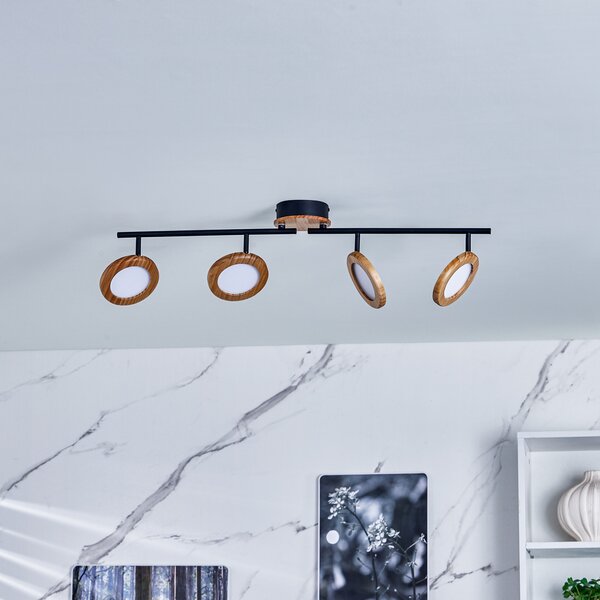 Lindby Spot LED Manel, lemn, 84 cm lungime, 4 lumini, reglabil, Lemn, Camera de zi / sufragerie, Metal, Casă de țară / Rustic