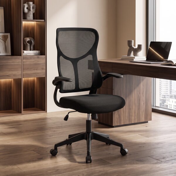 HOMCOM Scaun de birou ergonomic rotativ cu brațe rabatabile, funcție de balans, înălțime reglabilă, din plasă, negru | Aosom Romania