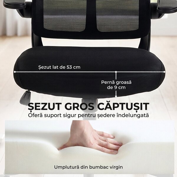 HOMCOM Scaun de birou ergonomic rotativ cu brațe rabatabile, funcție de balans, înălțime reglabilă, din plasă, negru | Aosom Romania