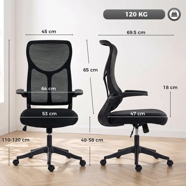 HOMCOM Scaun de birou ergonomic rotativ cu brațe rabatabile, funcție de balans, înălțime reglabilă, din plasă, negru | Aosom Romania