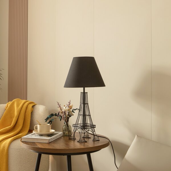 Lindby Lampă de masă Croia, negru, metal, Ø 28 cm, E27, Negru, Camera de zi / sufragerie, Țesătură / Textil, Design
